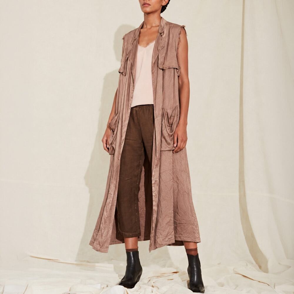 Raquel Allegra Dark Nude Satin Sleeveless Maxi Trench Duster